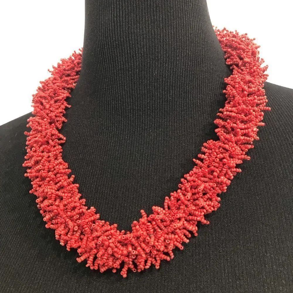 Novica Brick Red Seed Beaded Branch Coral Beach Coastal Ocean Summer Necklace